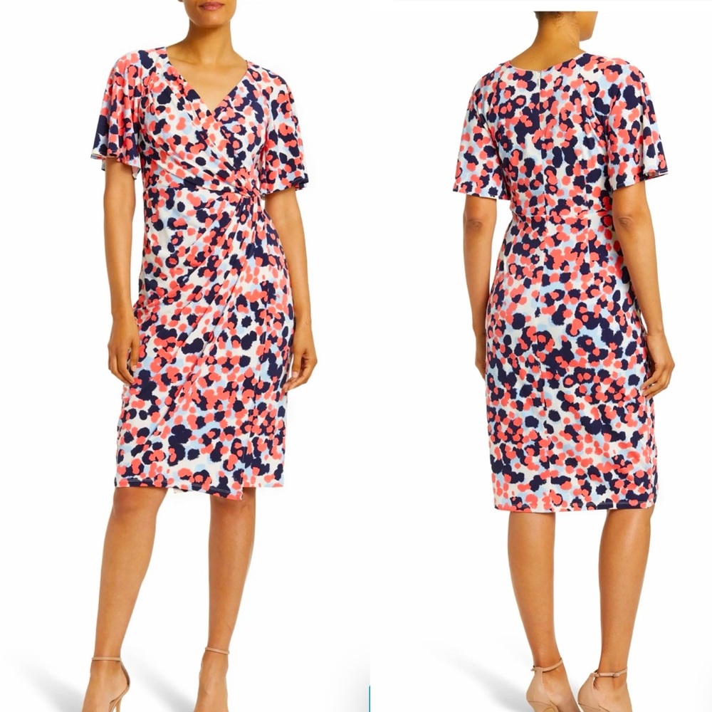 Like New Maggy London Short Spotted Pattern Short Sleeve Wrap Dress Pink Blue